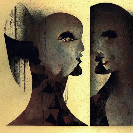 Prompt: The profile of a woman's face, a shadow is facing the other direction, an image split in two, by Dave McKean