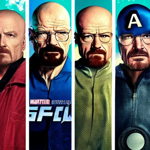 Prompt: walter white joins the avengers, promo poster, movie poster