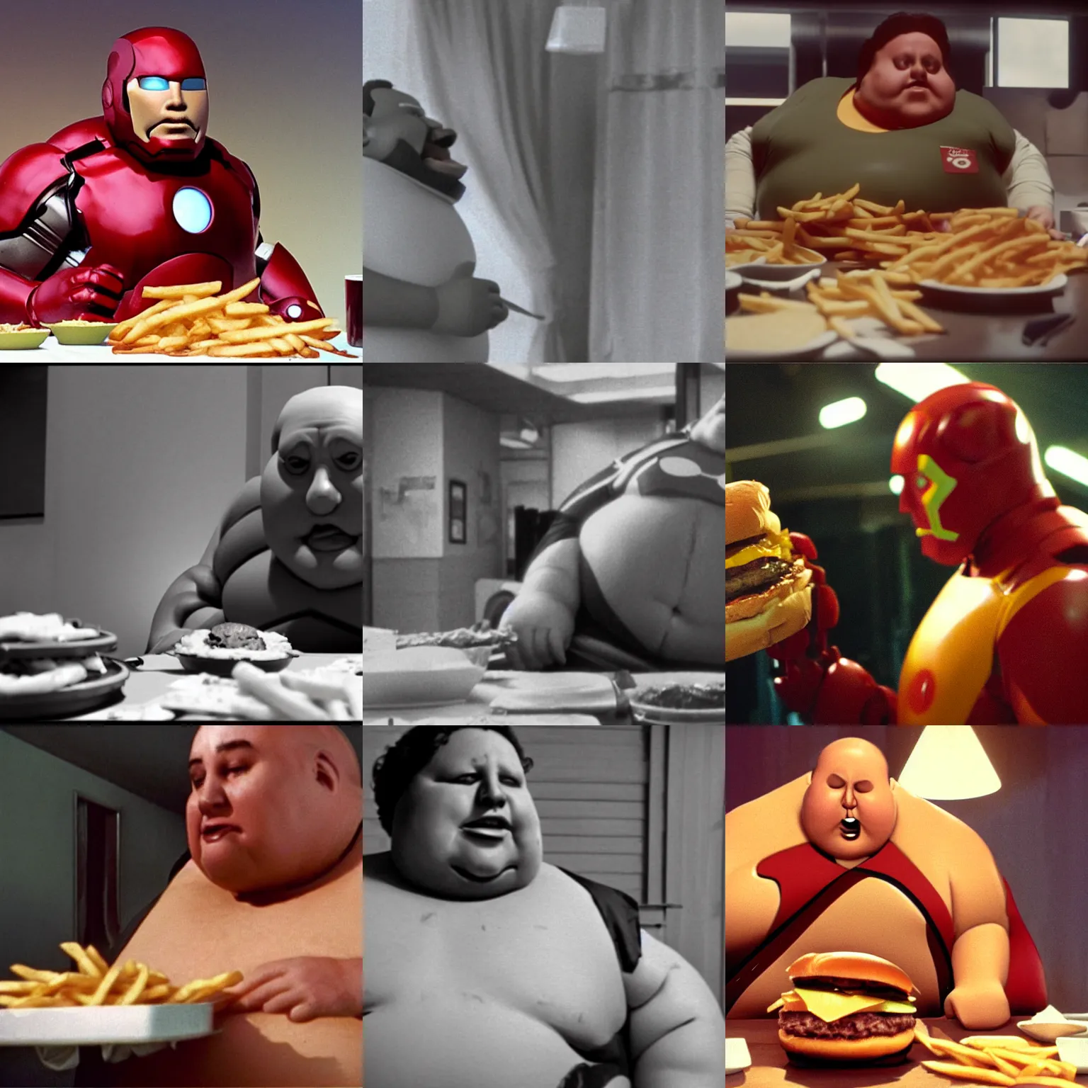 Prompt: morbidly obese ironman, eating cheeseburgers and fries, still image from film, film grain