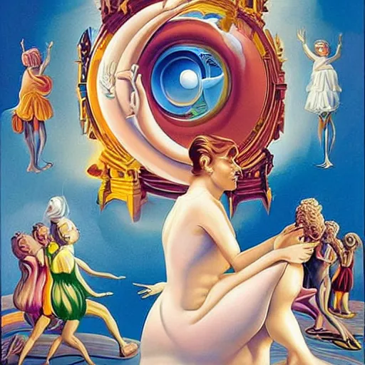 Prompt: A illustration. A rip in spacetime. Did this device in her hand open a portal to another dimension or reality?! Pride Prejudice by Jeff Koons, by Octavio Ocampo dreary