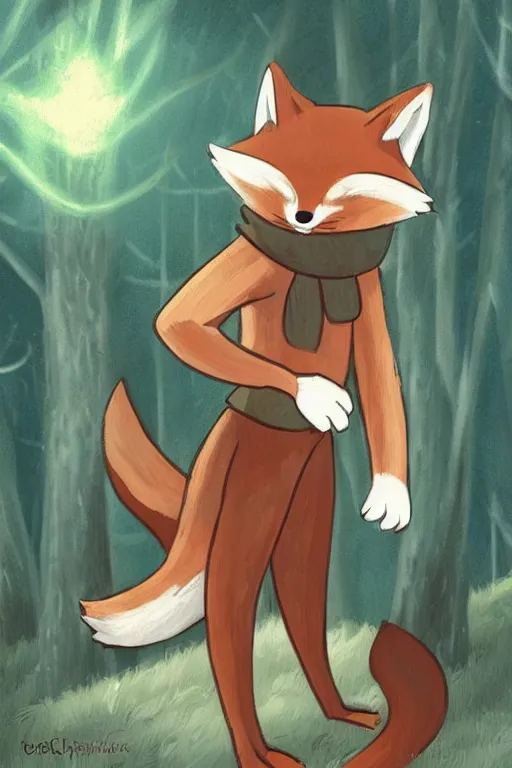 Image similar to a pretty medieval anthropomorphic fox with a fluffy tail in the forest, comic art, trending on furaffinity, cartoon, kawaii, backlighting, furry art!!!, warm shading, concept art, radiant light