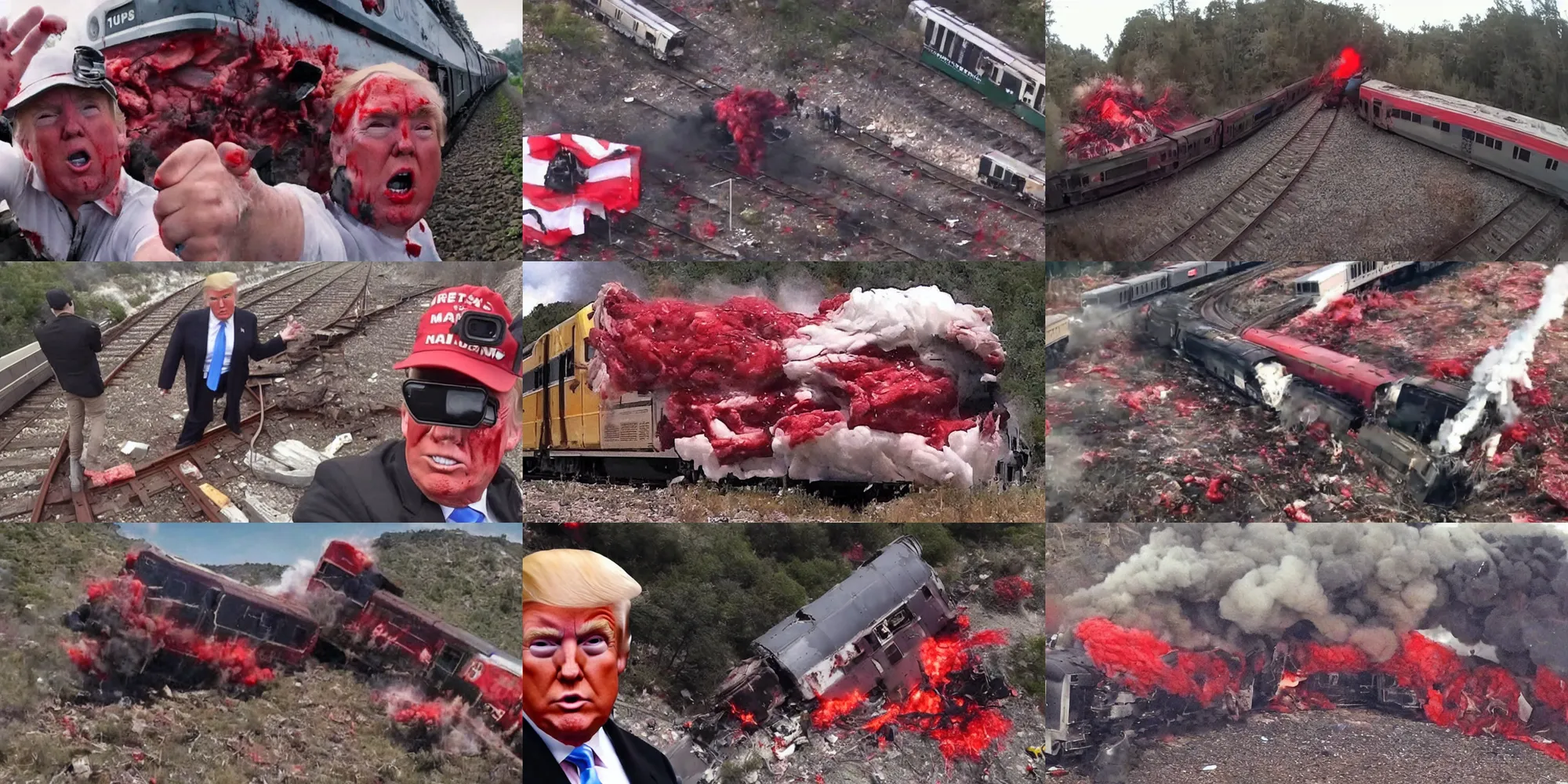 Prompt: gopro footage of donald trump getting mangled by a train, blood and bone, red meat goo, debris