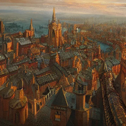 Image similar to high fantasy art of a medieval cityscape, bird\'s eye view, painting, extra-detailed, dawn lighting