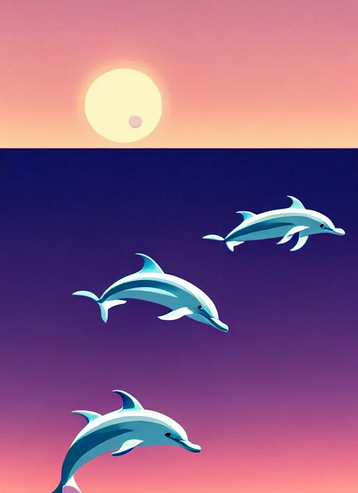 Prompt: dolphins jumping out of the ocean, full moon, night stars, pastel colors, wallpaper aesthetic, beautiful, cinematic, dramatic, super detailed and intricate, 4 k render, by koson ohara, by darwyn cooke, by satoshi kon