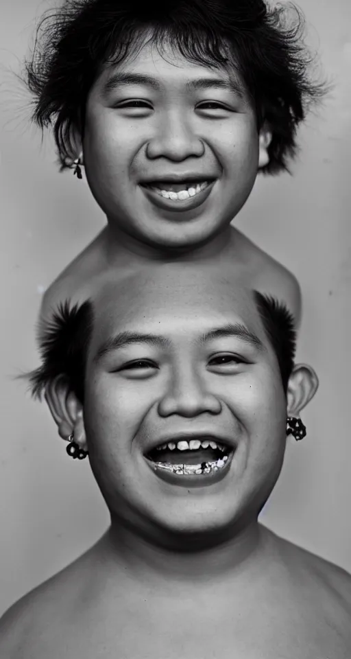 Prompt: photograph of one fat filipino teenage boy smiling with crooked teeth, with a curly perm, and with small studded earings, 4 k, photorealistic, high detail by richard avedon