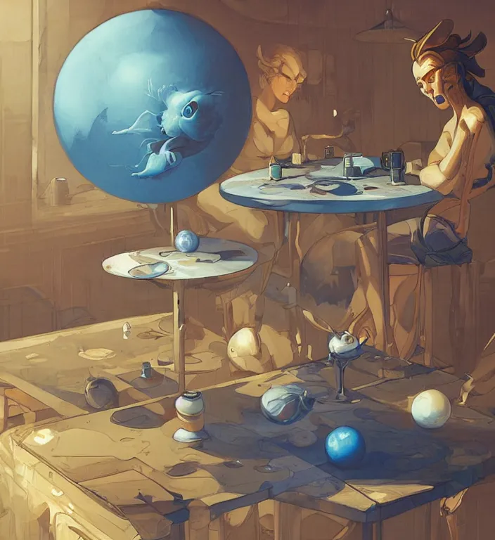 Image similar to a blue ball on a table, digital artwork by Peter Mohrbacher and Dan Mumford