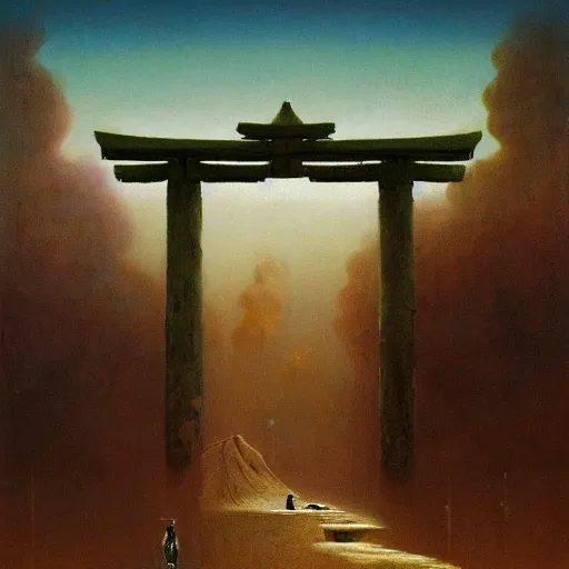 Image similar to A beautiful painting of A Torii!!!!! over a plain by Zdzisław Beksiński and Ilya Repin,In style of Post-Apocalyptic.digital art, illustration,hyper detailed,smooth, sharp focus,trending on artstation,oil on the canvas,4k