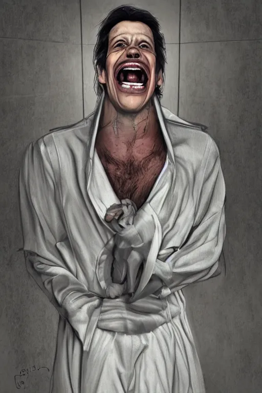 Image similar to digital portrait of a maniacally laughing man wearing a straitjacket in a sanitarium by rafa sandoval and shawn coss, hyperrealistic, centered, deviantart, artgerm