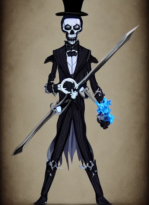 Image similar to DND character art, skeletal male figure, wearing a deep black suit!!! and tie and top hat, holding a gold! cane!. blue!!! flames!!