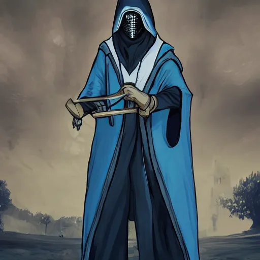 Image similar to a wizard wearing a white plague mask with a blue robe using a magical spell, white plague doctor mask, d & d character design art, gta cover art, gta loading screen art, digital art, unreal engine 5