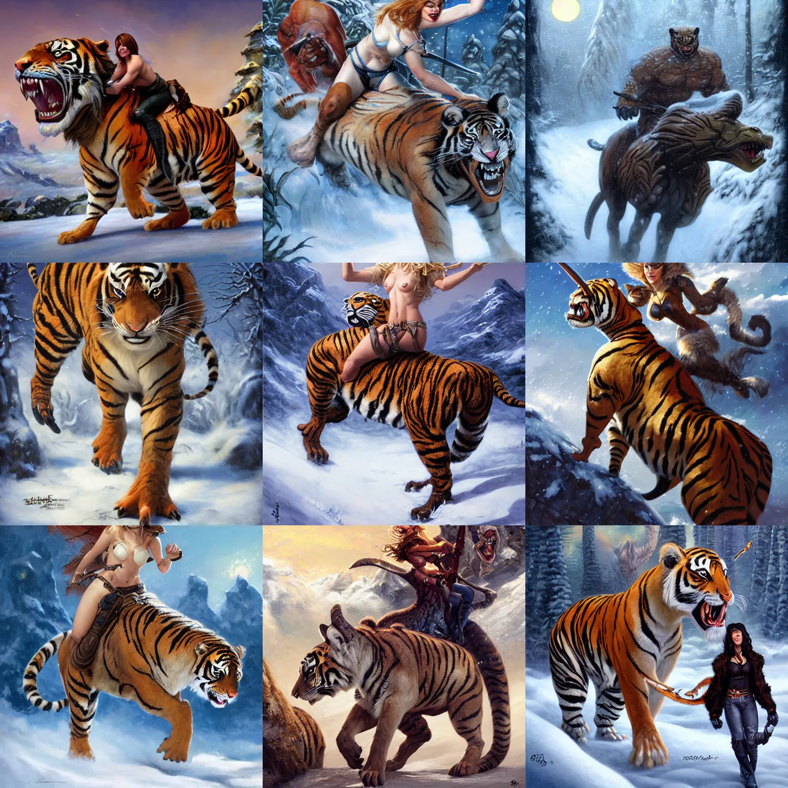 Prompt: face portrait, muscled Emma Stone riding mounted on friendly large saber tooth tiger, snowy winter scene, Boris Vallejo, Donato Giancola, Mark Brooks, Ralph Horsley, Charlie Bowater, Artgerm, Christopher Balaskas, Bastien Lecouffe-Deharme