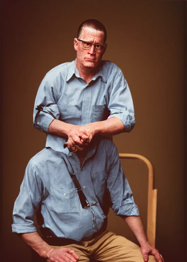 Image similar to live action hank hill, portrait photo taken by annie leibovitz, dramatic lighting, 8 5 mm f / 2. 4, kodak portra, color film