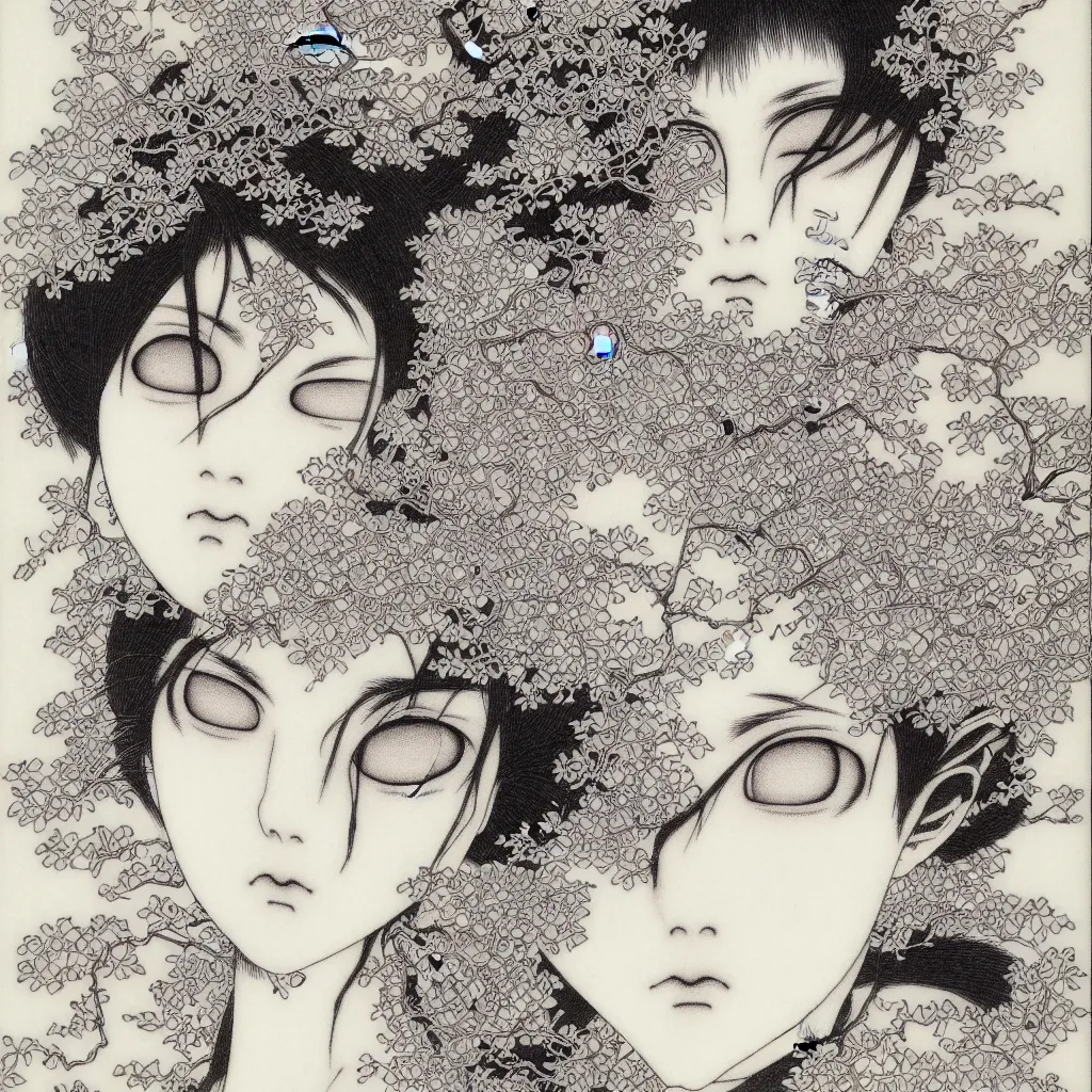 Prompt: prompt: Fragile looking face drawn by Takato Yamamoto, mystic eyes, ceramic looking face, inspired by Evangeleon, clean ink detailed line drawing, intricate detail drawing, manga 1990, portrait composition