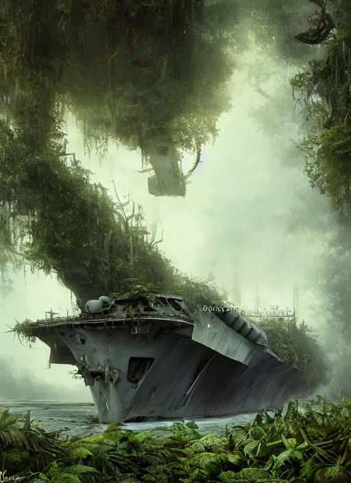 Image similar to decayed aircraft carrier USS Nimitz laying on the ground overgrown with vegetation and hanging vines, post appocalyptic, tropical forest, by Luis Royo, by Greg Rutkowski, dark, gritty, intricate, cover illustration, concept art, volumetric lighting, volumetric atmosphere, sharp focus, octane render, trending on artstation, 8k