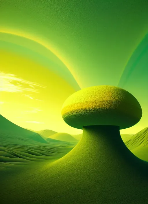 Image similar to a painting of a green and yellow swirl in the middle of a mountain, a computer rendering by mike winkelmann, shutterstock contest winner, nuclear art, tesseract, apocalypse art, concept art