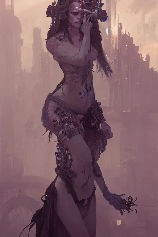 Prompt: beautiful pale cyberpunk gothic maiden, master drawing, intricate, elegant, highly detailed, digital painting, artstation, concept art, smooth, sharp focus, illustration, art alphonse mucha and james gurney and craig mullins and wlop