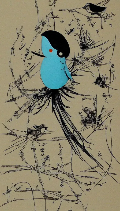 Image similar to stick figures bird, by yoshitaka amano