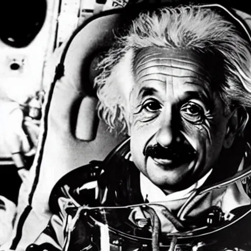 Image similar to albert einstein in space wearing a spacesuit shocked seeing earth is flat