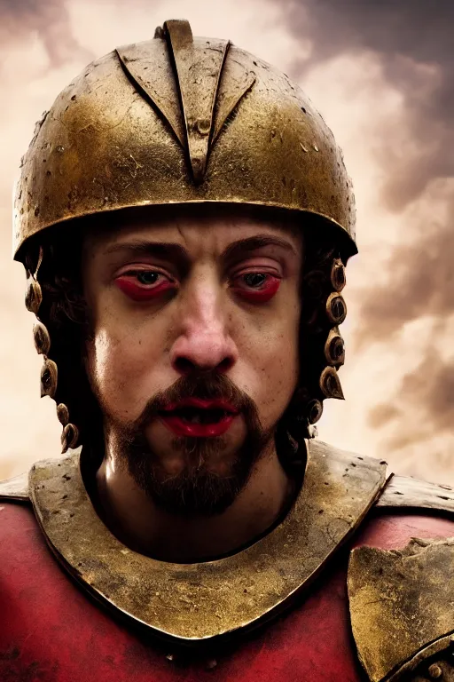 Prompt: A still of Sam Hyde as a Roman warrior, red and gold armor, close-up, sigma male, rule of thirds, award winning photo, unreal engine, studio lighting, highly detailed features, Athens setting, 4k