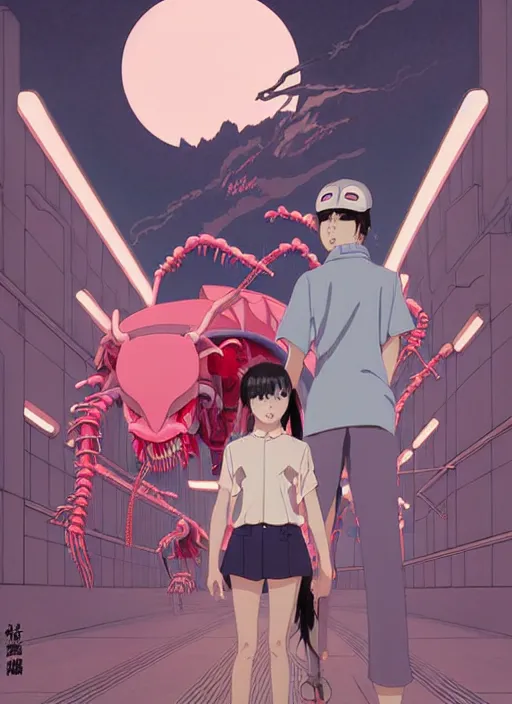 Image similar to Artwork by James Jean, Phil noto and hiyao Miyazaki; a young Japanese future samurai police girl named Yoshimi battles an enormous looming evil natured carnivorous pink robot on the streets of Tokyo; Japanese shops and neon signage; crowds of people running; Art work by studio ghibli, Phil noto and James Jean