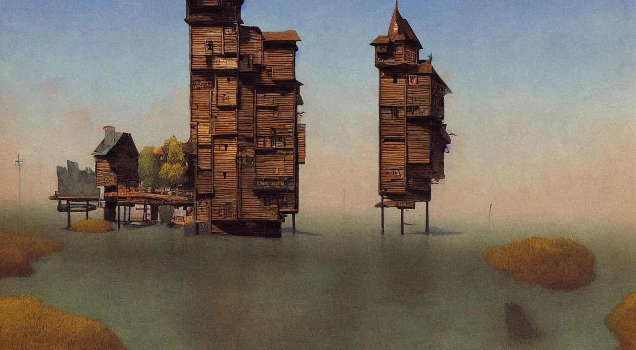 Image similar to single flooded simple wooden tower, very coherent and colorful high contrast!! masterpiece by rene magritte simon stalenhag carl spitzweg syd mead norman rockwell edward hopper james gilleard, minimalist, dark shadows, sunny day, hard lighting