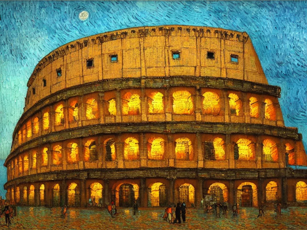 Image similar to trending on artstation, the Colosseum during sunset, oil on canvas, in the style of Vincent van Gogh