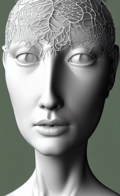 Prompt: complex 3d render ultra detailed of a beautiful porcelain profile woman face, green hazel eyes, vegetal dragon cyborg, 150 mm, beautiful natural soft light, rim light, silver niobium details, magnolia big leaves and stems, roots, fine lace, maze like, mandelbot fractal, anatomical, facial muscles, cable wires, microchip, elegant, white metallic armor, octane render, black and white, H.R. Giger style