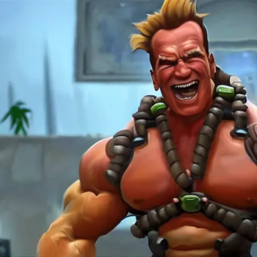 Image similar to a screenshot of arnold schwarzenegger as junkrat in overwatch