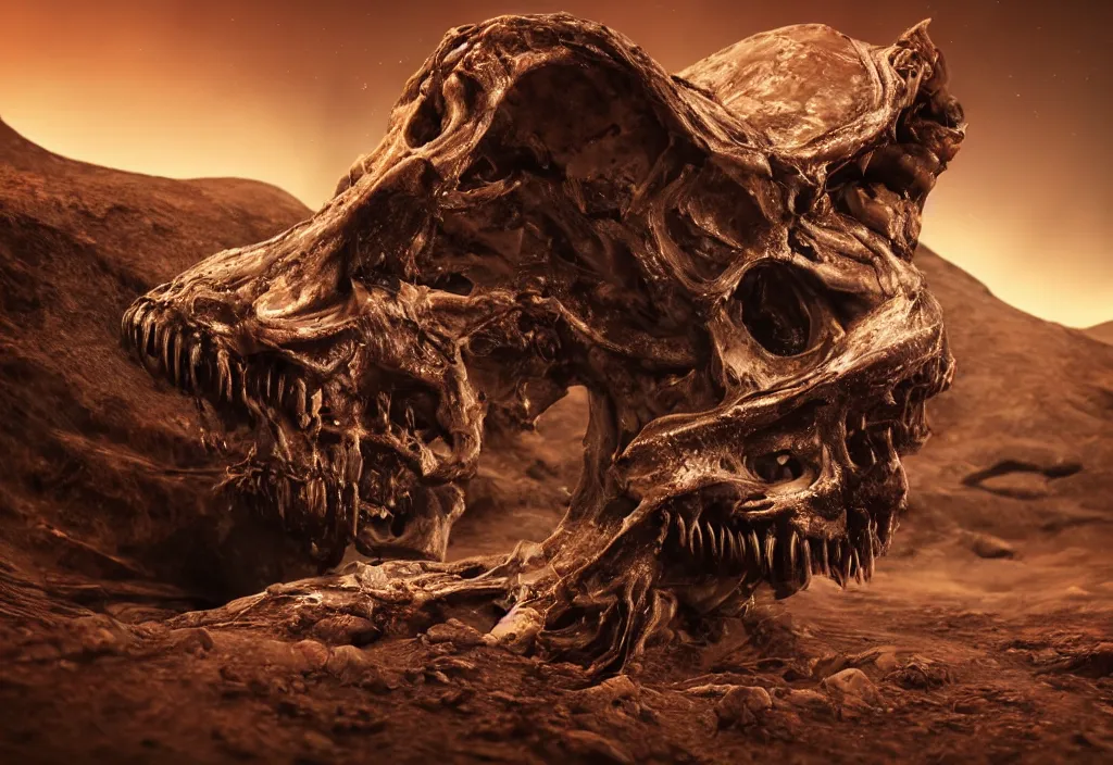 Prompt: eldritch animal alien skull in a dessert in mars, photorealistic, film, cinematic lighting, octane tender, volumetric light, dark - art