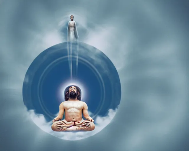 Prompt: god floating down from heaven. he is meditating. inspired by meditation