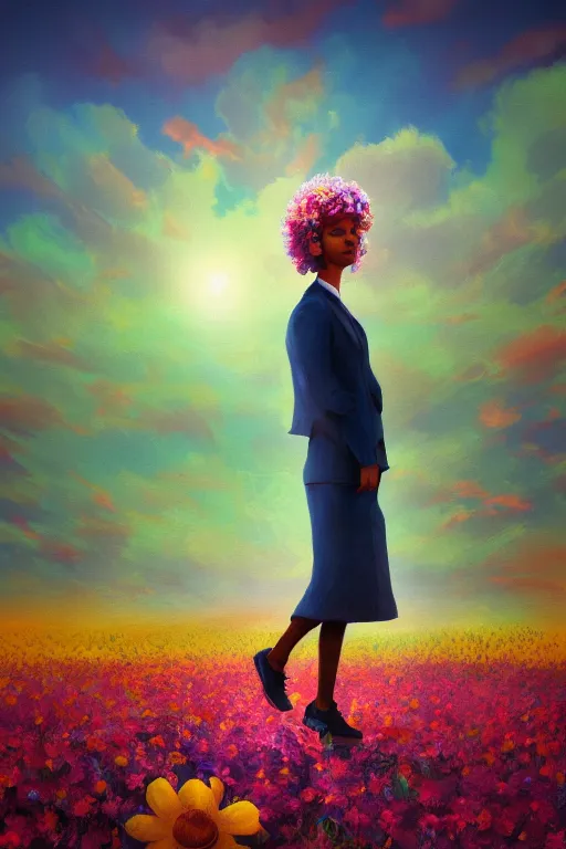 Image similar to closeup, giant flower head, girl in suit standing in a field of flowers, surreal photography, sunrise, blue sky, dramatic light, impressionist painting, digital painting, artstation, simon stalenhag