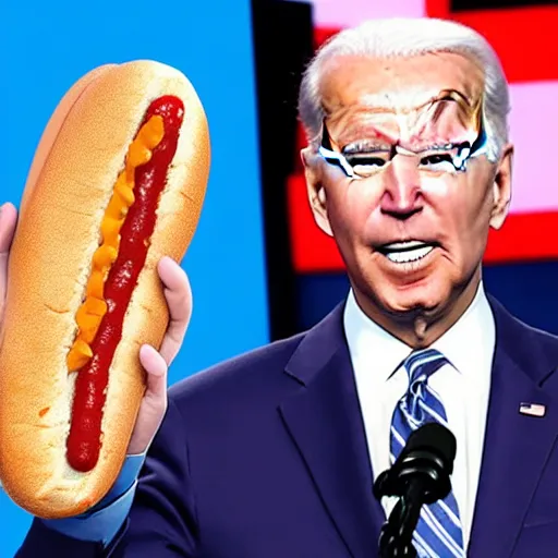 Prompt: joe biden accidentally uses a hot dog as a microphone at presidential debate