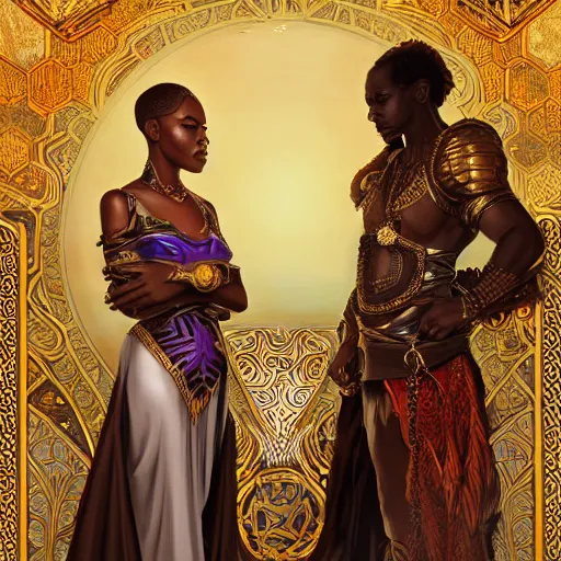 Image similar to an african royal family, kemetic, D&D, fantasy, intricate, elegant, highly detailed, digital painting, artstation, concept art, matte, sharp focus, illustration, art by Artgerm and Greg Rutkowski and Alphonse Mucha