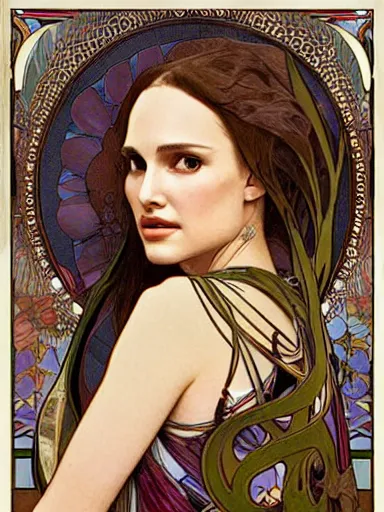 Image similar to a beautiful painting of natalie portman by Alphonse Mucha and by yoshitaka Amano and by Mark Brooks and by john william waterhouse, Art Nouveau, Neo-Gothic, gothic, award winning painting, hyperdetailed, detailed