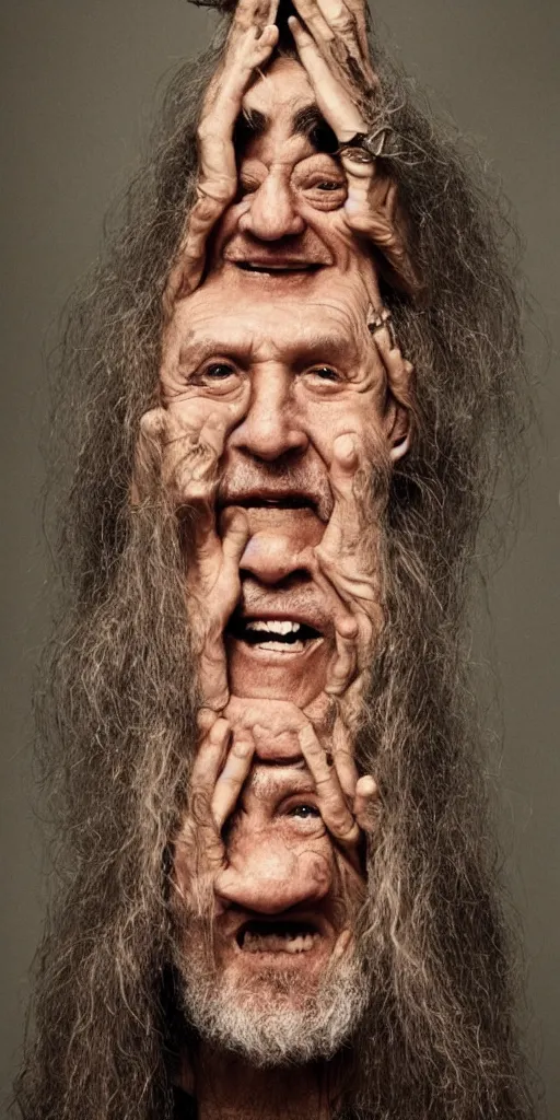 Prompt: a old man with 3 heads and 6 eyes, long hair, hanging upsidedown by annie leibovitz