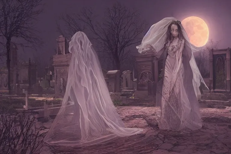 Prompt: an ultra detailed animation of a transparent ghost bride in a graveyard at midnight on halloween, digital art, dark fantasy, concept art, soulslike, by alphonse mucha, blood moon eclipse, ruined building in the background, artstation, 8 k, unreal engine render