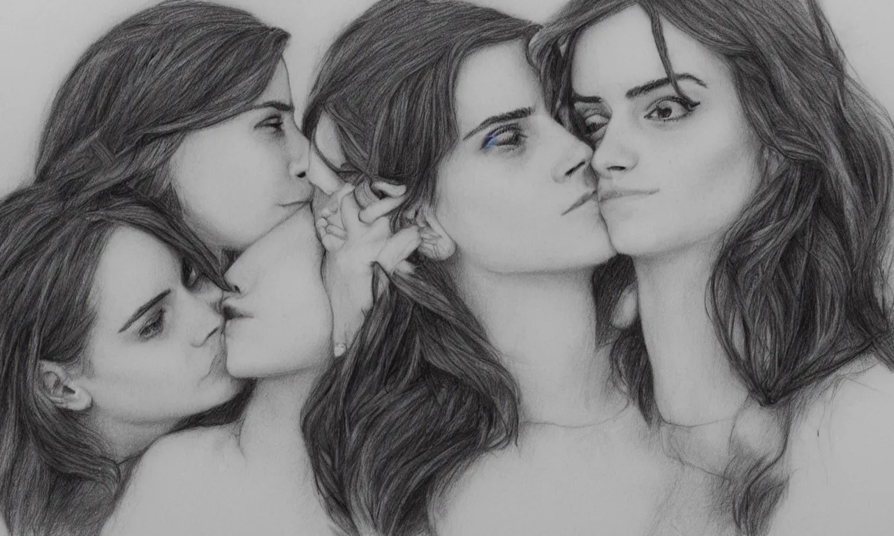 Prompt: emma watson kissing anne hathaway pencil sketch,