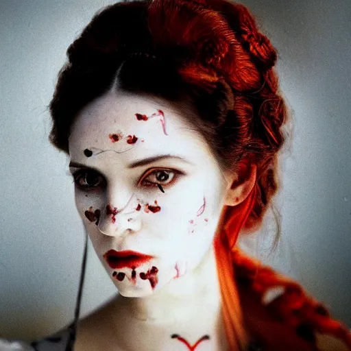 Image similar to A beautiful portrait of a lady vampire, victorian, photography, 35mm, depth of field, bokeh, soft light, cinematic, steve mccurry