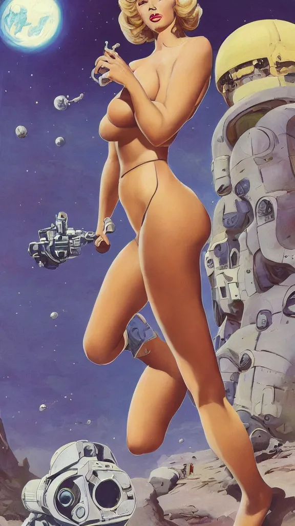 Image similar to A mixed media portrait painting of a beautiful blonde brunette woman exploring an alien planet, very curvy, aesthetic! high-waisted white-bikini-armor and boots, holding raygun, aesthetic symmetrical face and eyes, model, Scandinavian, wet, discarded mechsuit in background, by Frank Frazetta, Boris Vallejo, Beeple, Greg Rutkowski, Christian MacNevin, eighties-pinup style, epic fantasy character art, high fantasy, CGsociety, exquisite detail, post-processing, masterpiece, cinematic