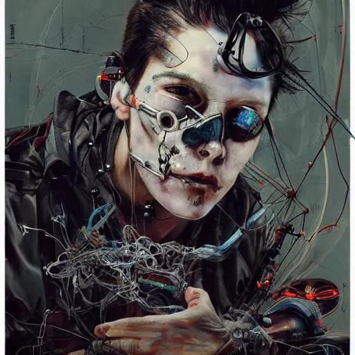 Image similar to a male cyberpunk hacker, skulls, wires cybernetic implants, machine noir dieselpunk grimcore, in the style of adrian ghenie esao andrews jenny saville surrealism dark art by james jean takato yamamoto and by ashley wood