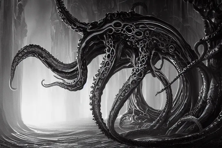 Prompt: ultra realist soft painting of the world of Lovecraft Elden Ring and Giger, gigantic oily tentacles and eyes, very intricate details, ultra dense fog, golden ratio, volumetric black and white lighting, reflections, refractions, symmetry accurate anatomy features, octane render