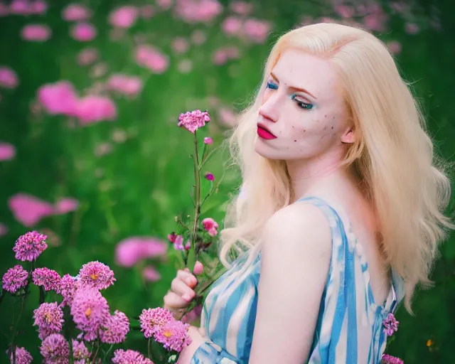 Image similar to pale beautiful young woman with bright blonde hair, freckles, blue eyes and a wide face, flowery dress, using a dslr camera, dramatic, art by anna nikonova