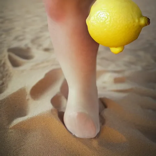 Image similar to a lemon in shape of a human with legs of lemons and round body, arms of lemons, on a beach, very realistic, high quality, volumetric light