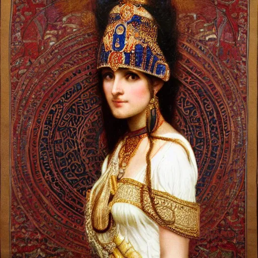 Prompt: orientalist portrait of a woman wearing an ornate mesopotamian headdress standing in front of tapestry carpet intricate artwork by john william waterhouse and Edwin Longsden Long and Theodore Ralli and Henryk Siemiradzki. trending on artstation, very coherent symmetrical artwork high detail 8k