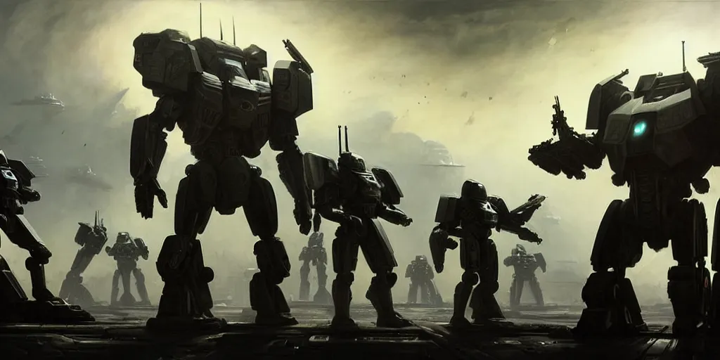 Image similar to hyper realistic sci - fi matte concept art painting of epic cinematic battle between a variety of mechwarriors and soldiers fighting on mercury with solar panels in background, guns, brightly lit!, beautiful details, strong composition painted by kim jung guweta studio rutkowski, james gurney and greg rutkowski, and lucasfilm, smooth, intricate, detailed, sharp focus, cinematic