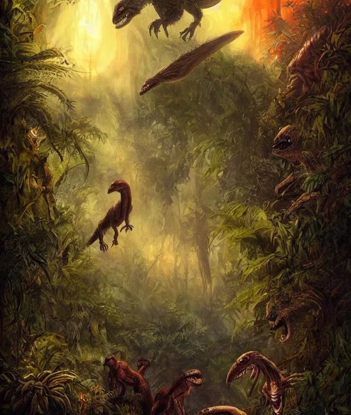 Prompt: velociraptors stalking in the jungle, mysterious, fantasy artwork, godrays, warm colors, by seb mckinnon