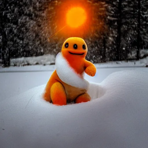 Image similar to charmander made of snow, photography