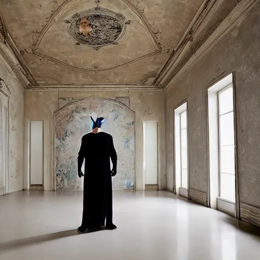 Image similar to Batman standing in giant Italian modern castle living room, clean minimalist design, that is 1300 feet tall, with very tall giant walls filled with modern art paintings, doors that are cosmic portals, photo by Annie Leibovitz