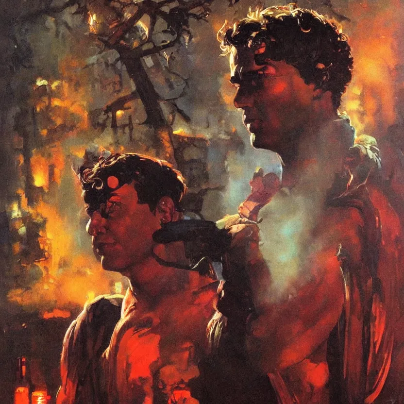 Prompt: a dark and colorful neoclassicist portrait of a young mark ruffalo. glowing fog in the background. highly detailed science fiction painting by norman rockwell, frank frazetta, and syd mead. rich colors, high contrast, gloomy atmosphere, dark background. trending on artstation