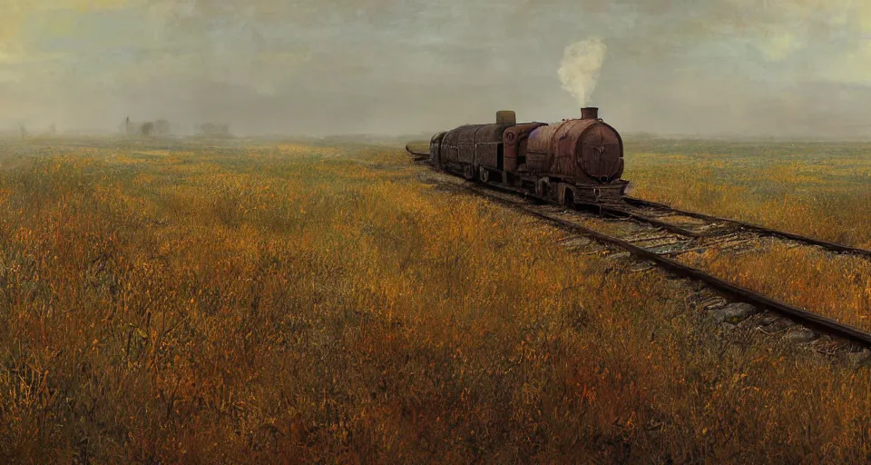 Image similar to rusty old railroad, in the steppe, autumn field, misty background, from the game pathologic 2, highly detailed, sharp focus, matte painting, by isaac levitan and asher brown durand,